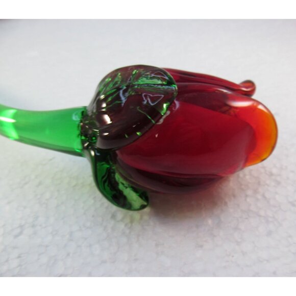 Hand Blown Long Stem Red Rose Bud Glass Flower - Picture 3 of 14